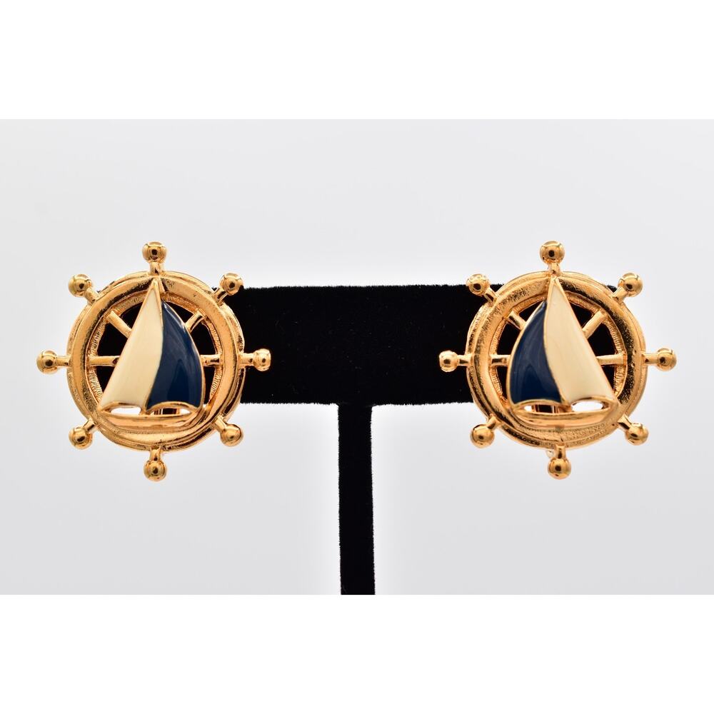 Vintage Avon Sailboat Clip On Earrings Helm Nautical Gold Enamel Signed BinAO